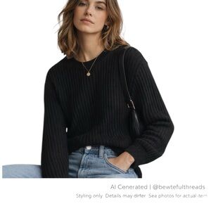 Frank & Oak M Black Ribbed Cotton Sweater Relaxed Minimalist Chic